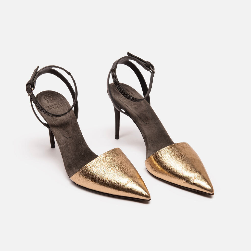 Brunello Gold Leather & Suede Ankle Strap Pump