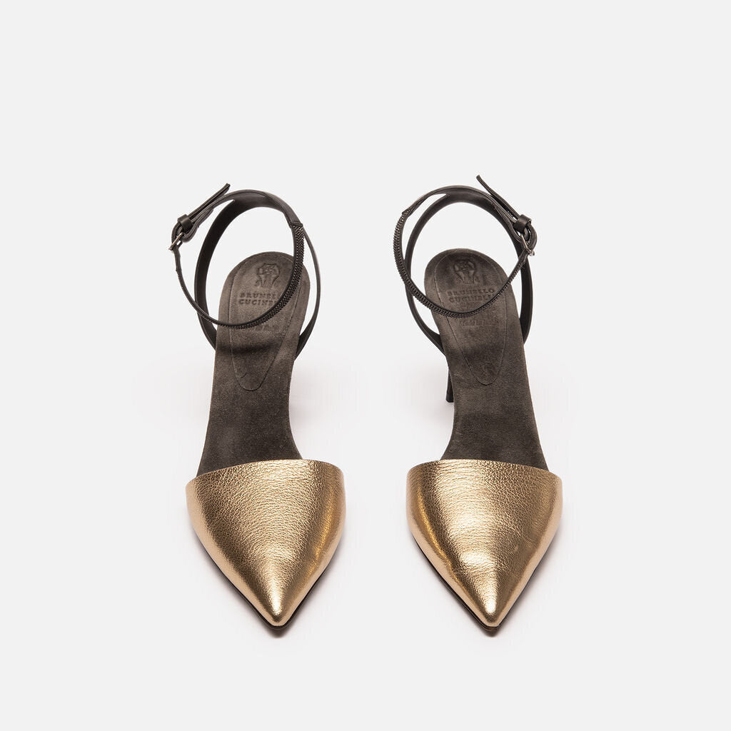 Brunello Gold Leather & Suede Ankle Strap Pump