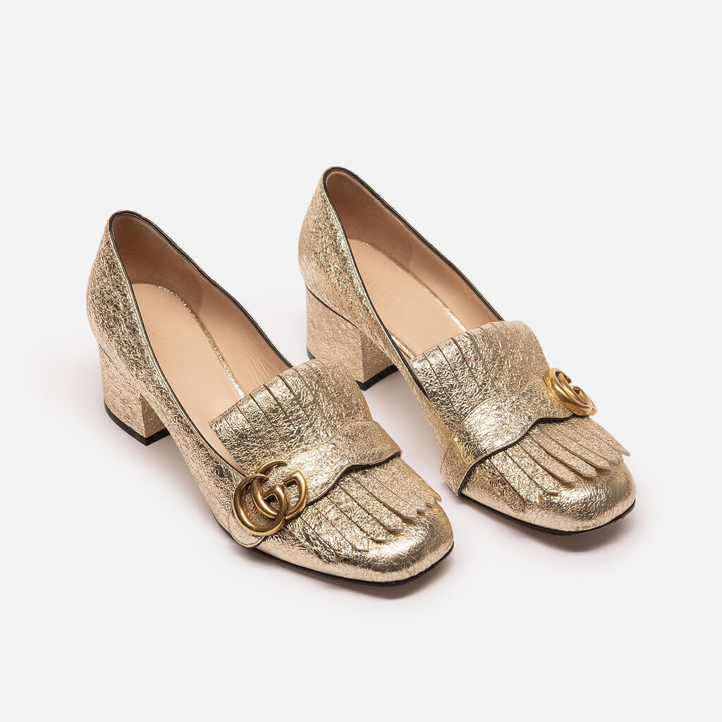 Gucci Gold Metallic Block Heeled Loafers