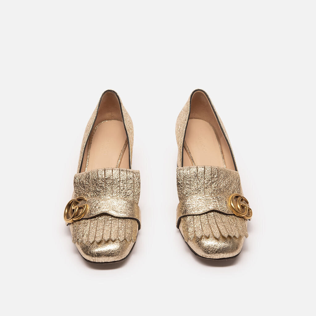 Gucci Gold Metallic Block Heeled Loafers