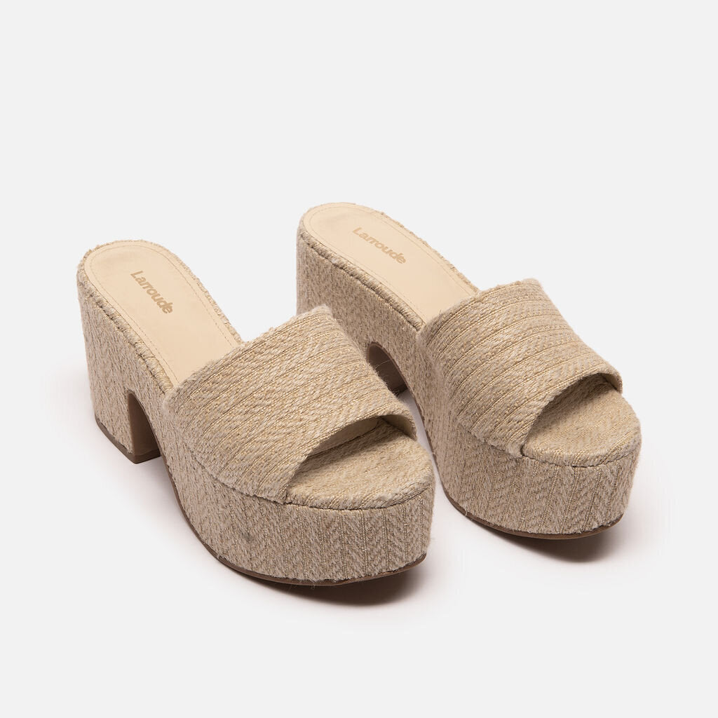 Larroude Beige Raffia Heeled Mules