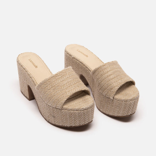 Larroude Beige Raffia Heeled Mules