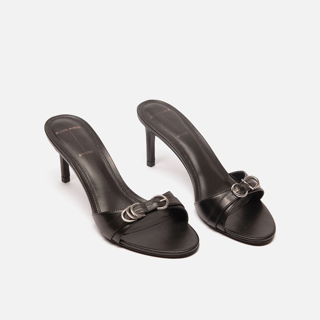 Black Suede Studio Buckle Mules