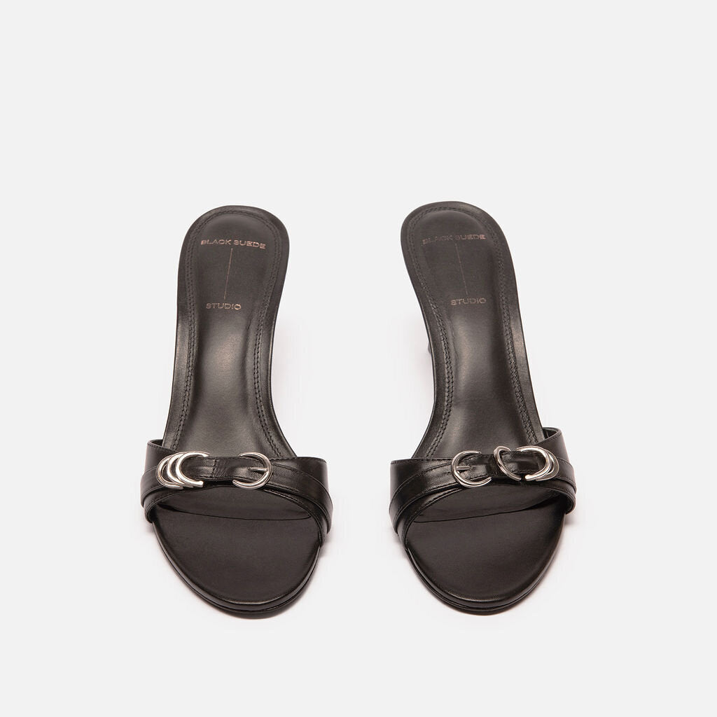 Black Suede Studio Buckle Mules