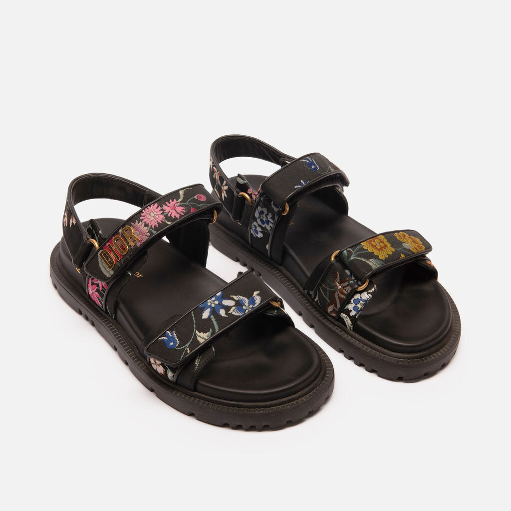 Christian Dior Black Leather & Fabric Floral Dad Sandals