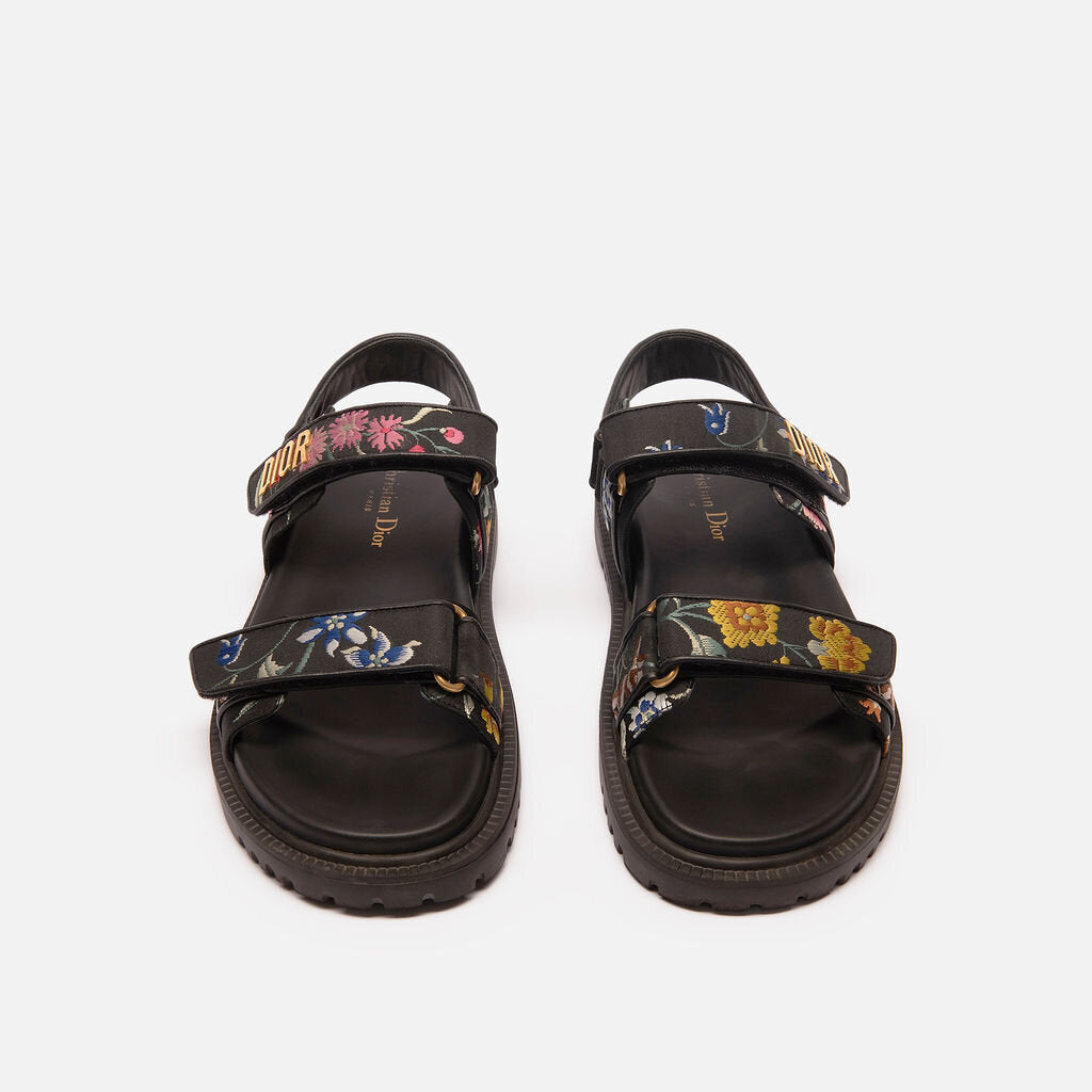 Christian Dior Black Leather & Fabric Floral Dad Sandals