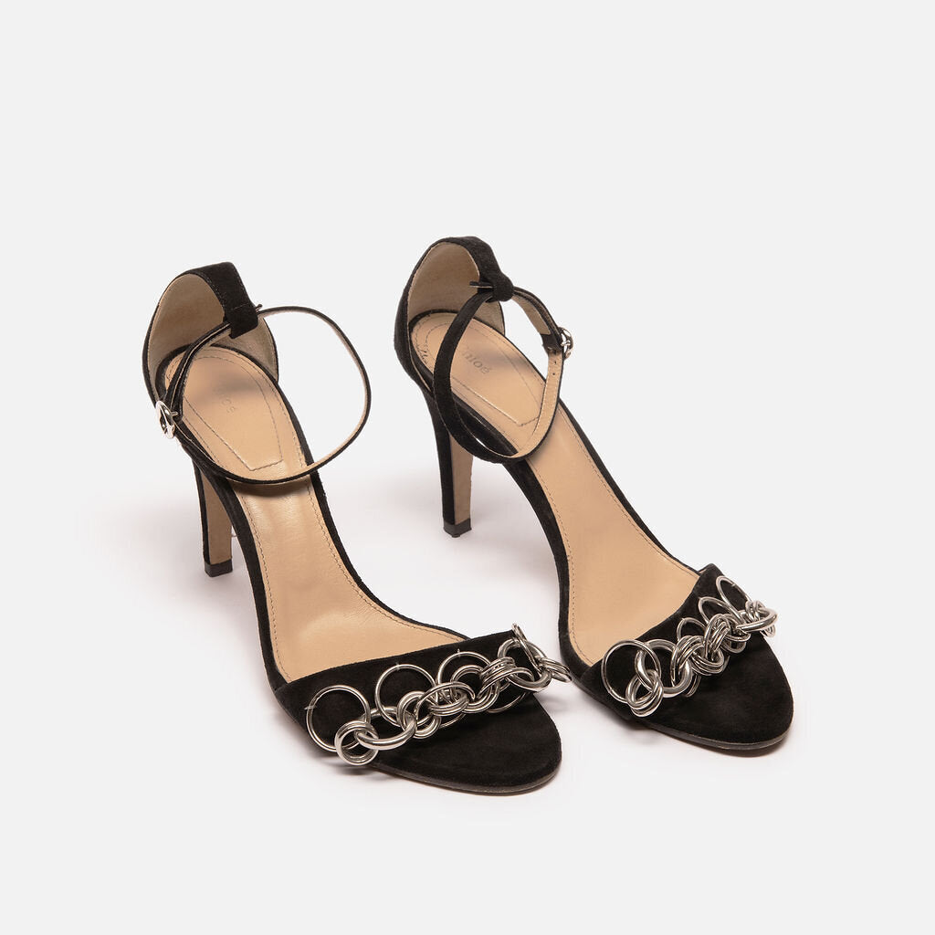 Chloe Black Suede & Silver Chain Detail Heels