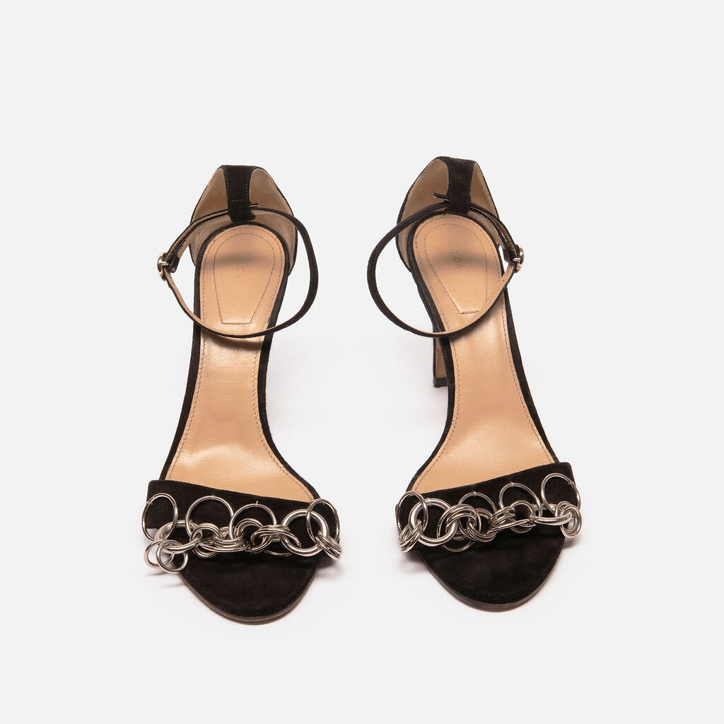 Chloe Black Suede & Silver Chain Detail Heels