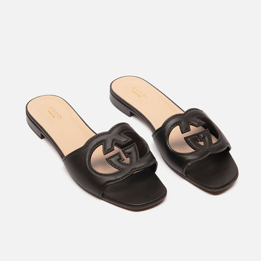 Gucci Black Leather Cutout Slides