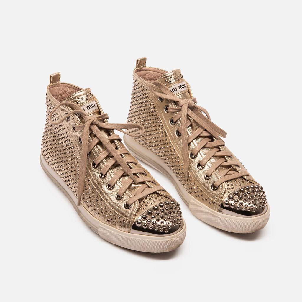 Miu Miu Gold Studded Leather Sneakers