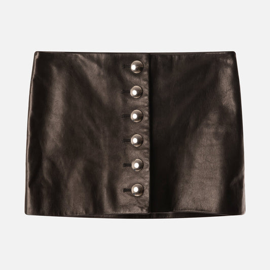 Black Leather Button-Front Mini Skirt