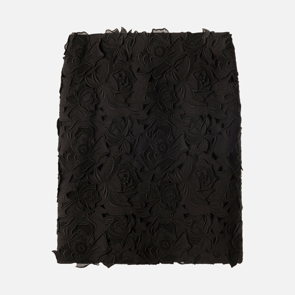 Black Floral Applique Wool Silk Blend Skirt