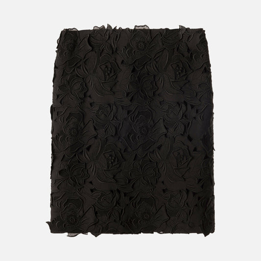 Black Floral Applique Wool Silk Blend Skirt