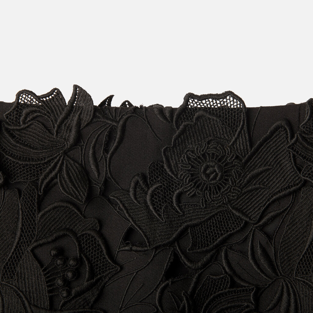 Black Floral Applique Wool Silk Blend Skirt