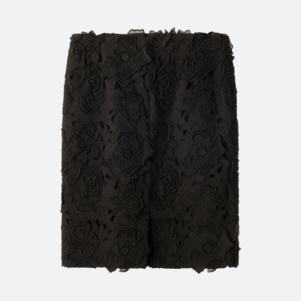 Black Floral Applique Wool Silk Blend Skirt