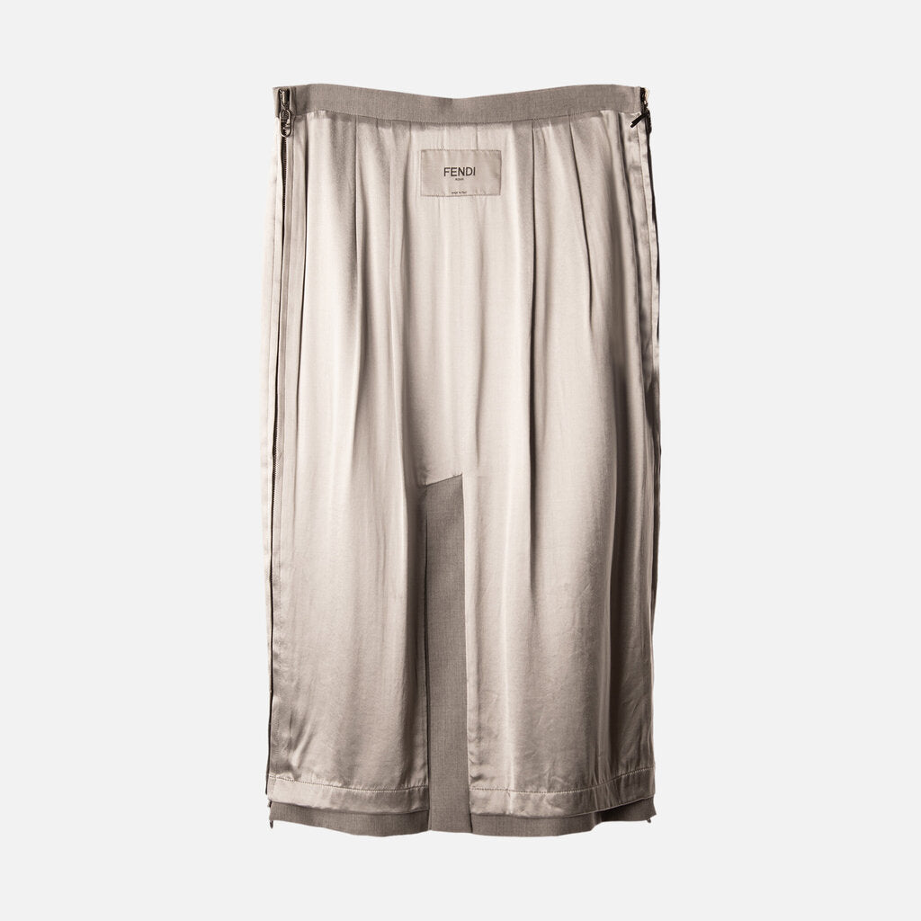 Fendi Grey Mixed Media Side Zip Midi Skirt