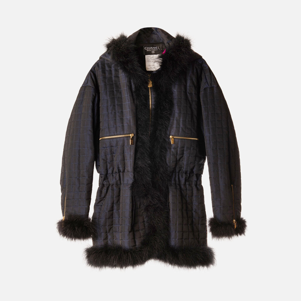 Chanel Boutique Silk Quilted Fur Trim Puffer Coat
