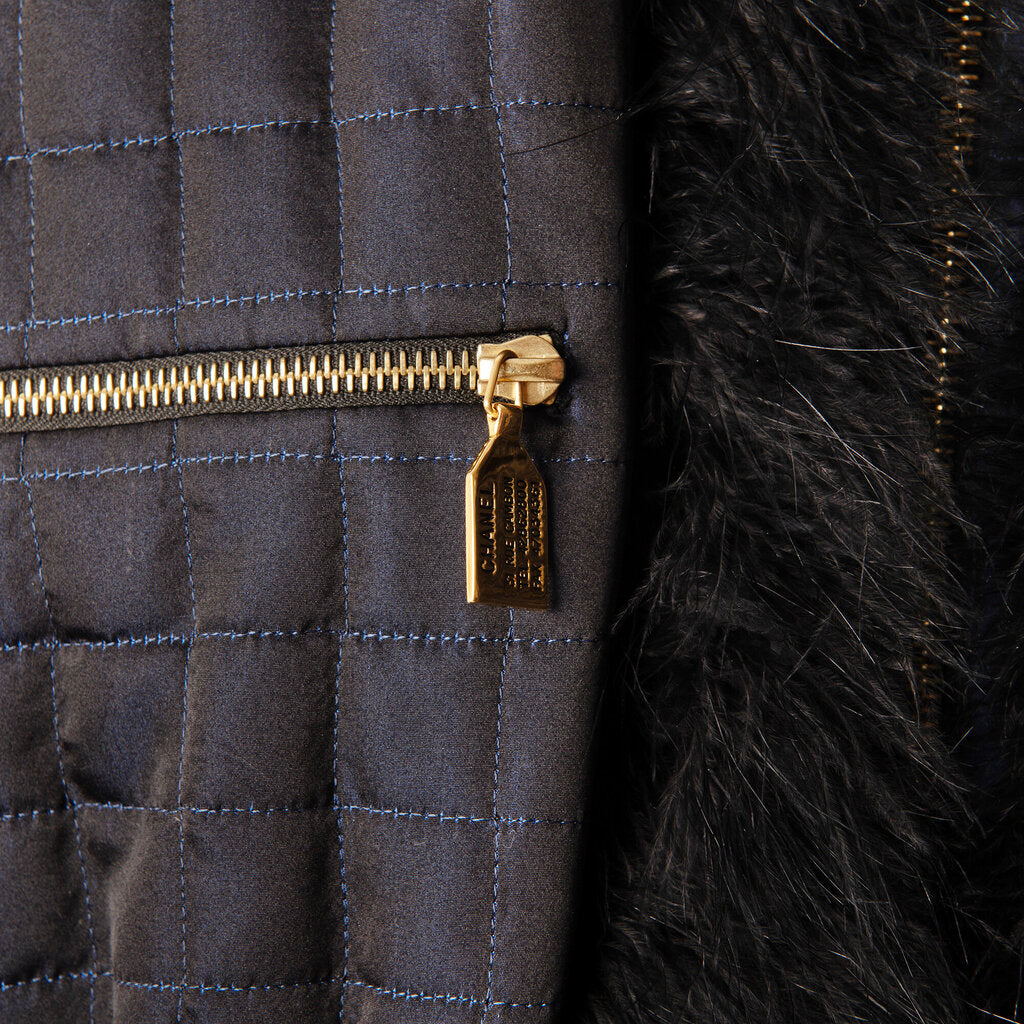 Chanel Boutique Silk Quilted Fur Trim Puffer Coat