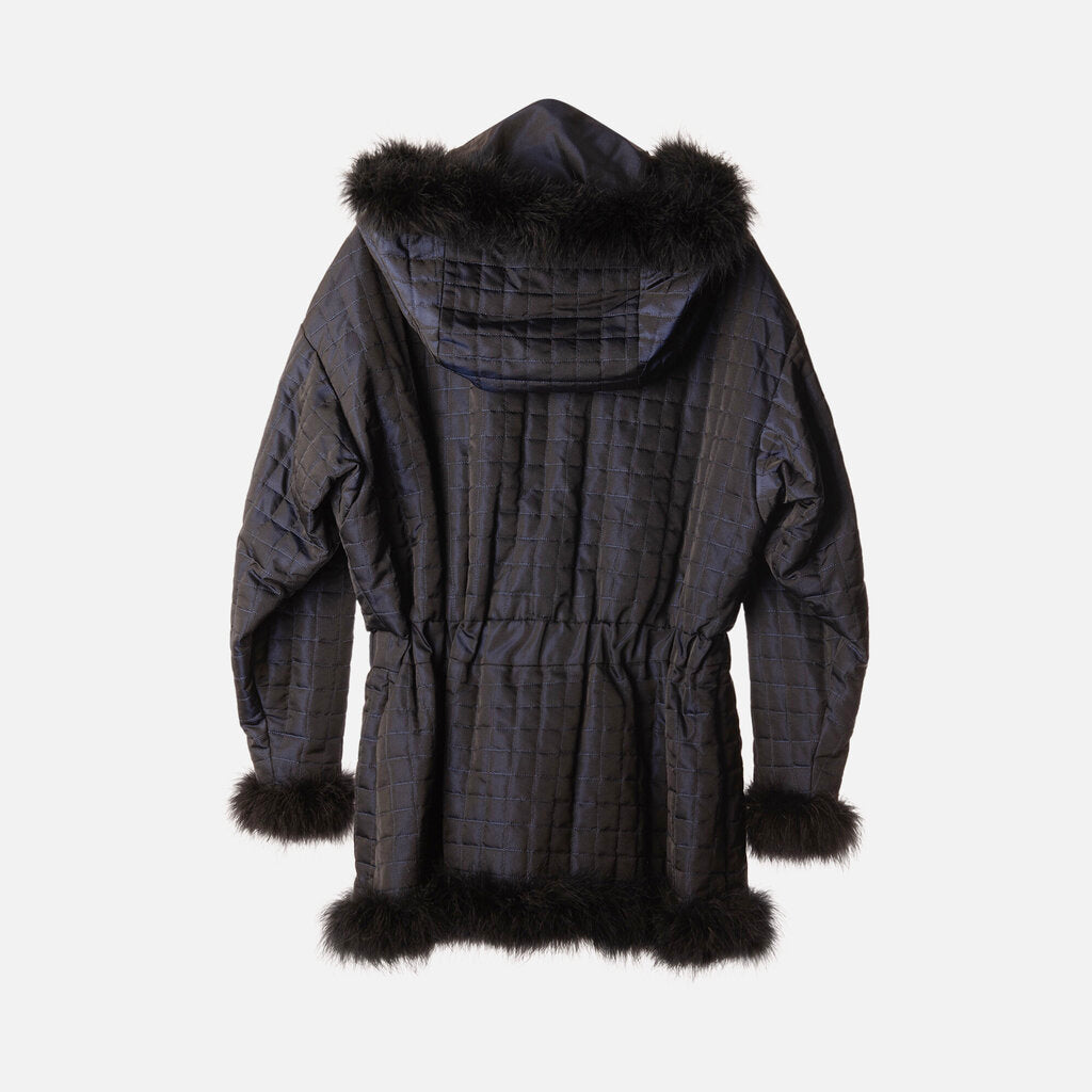 Chanel Boutique Silk Quilted Fur Trim Puffer Coat