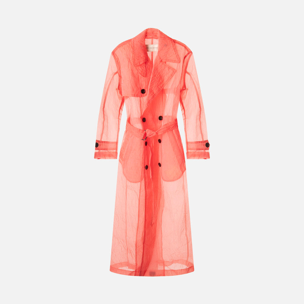 Dries Van Noten Pink Double Breasted Crinkled Organza Trench Coat