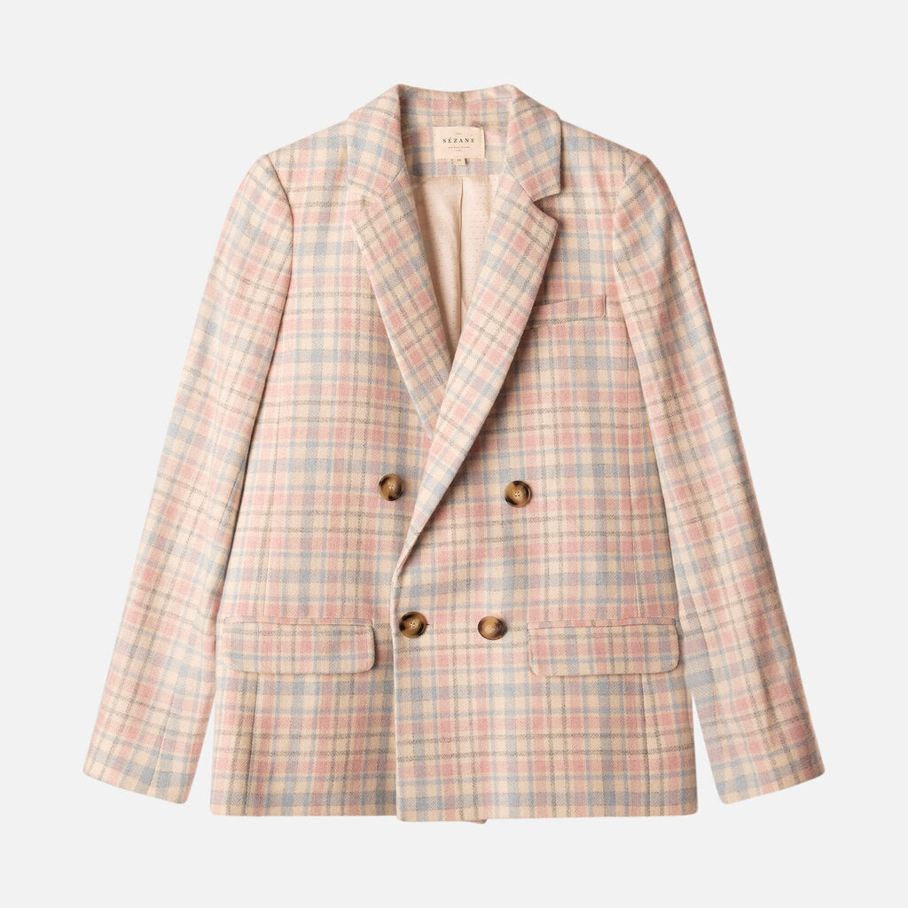 Sezane Blue/Pink Plaid Wool Blend Blazer