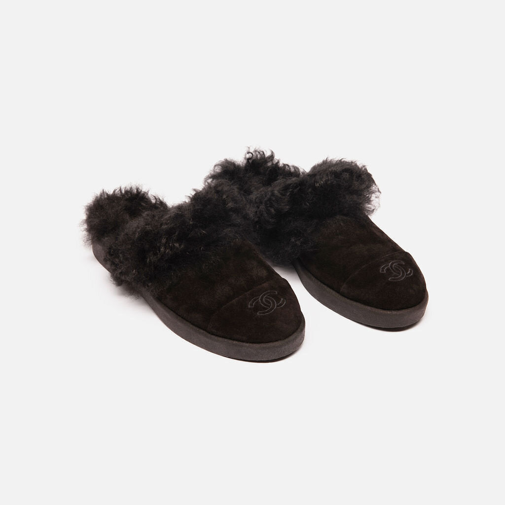 Chanel Black Suede Shearling Lined Mules