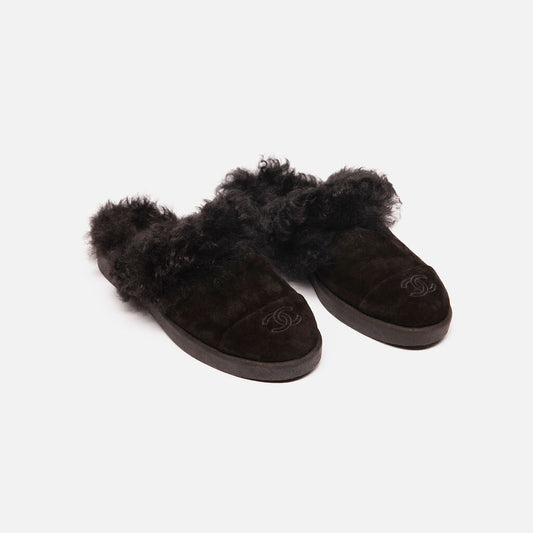 Chanel Black Suede Shearling Lined Mules (2025)