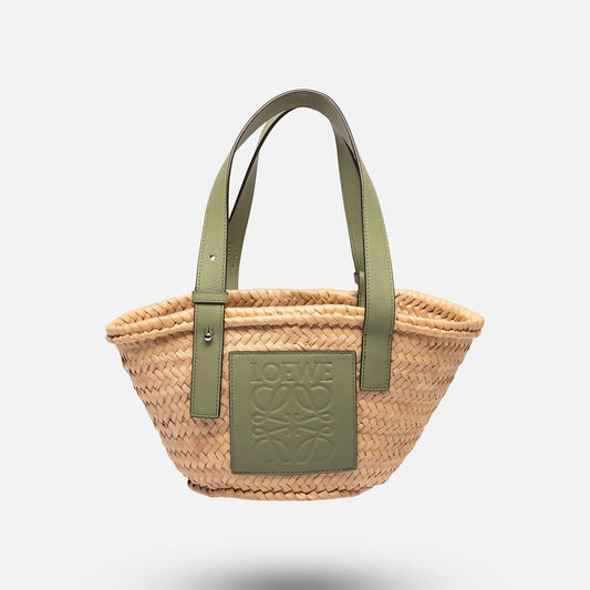 Loewe Woven Straw Basket with Avocado Green Straps