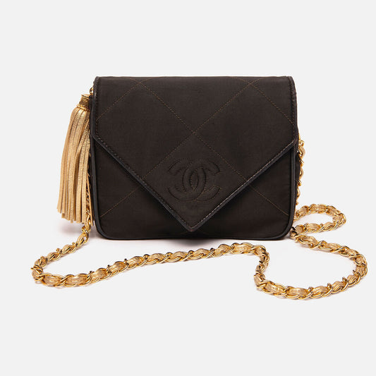Chanel Black Satin Matelasse Chain Bag (1989-1991)