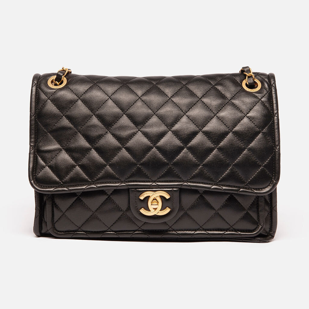 Chanel Black 24P Quilted Outer Pocket Jumbo Flap