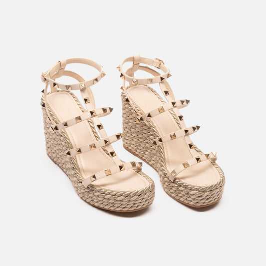 Valentino Cream Rockstud Torchon Espadrille Wedges