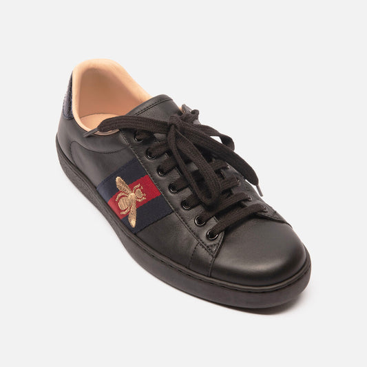 Gucci Black Leather Web Bee Sneaker