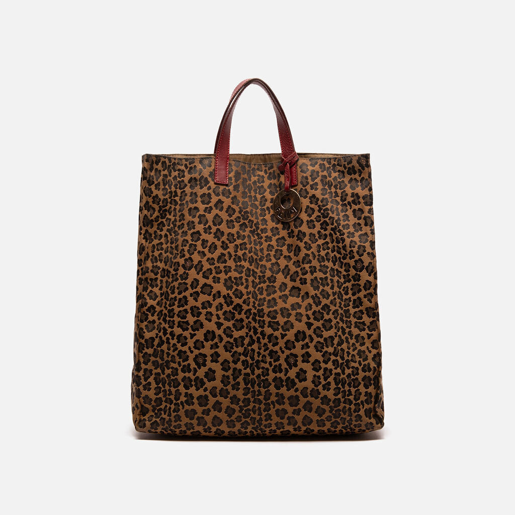 Fendi Leopard Canvas Tote with Red Leather Handles