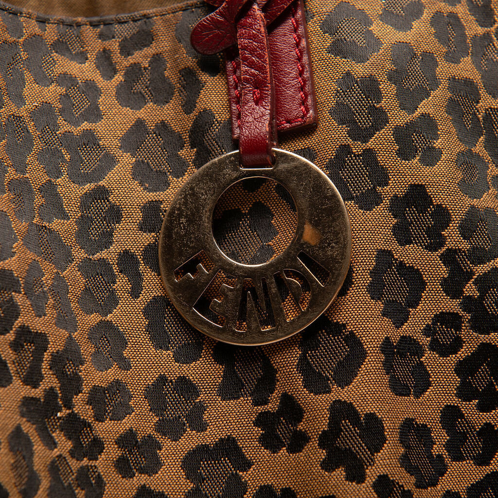 Fendi Leopard Canvas Tote with Red Leather Handles