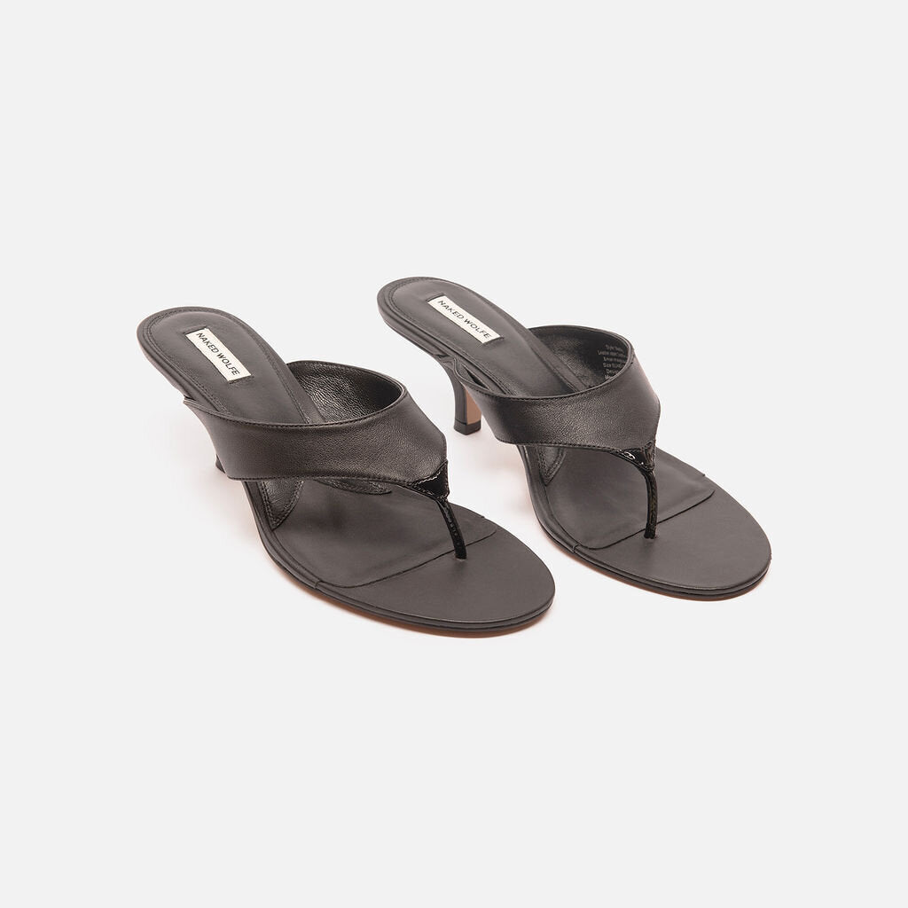 Naked Wolfe Black Leather Flip Flop Heel