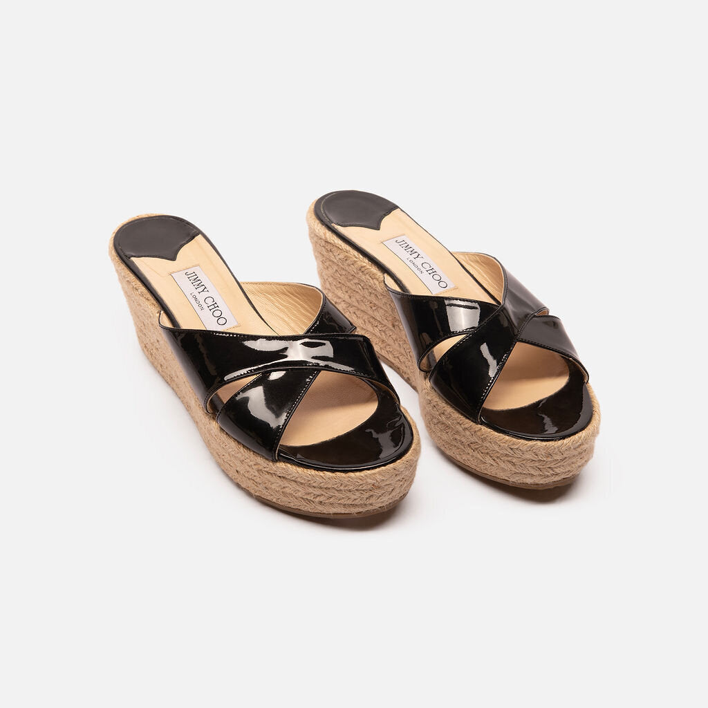 Jimmy Choo Black Patent Espadrille Wedges