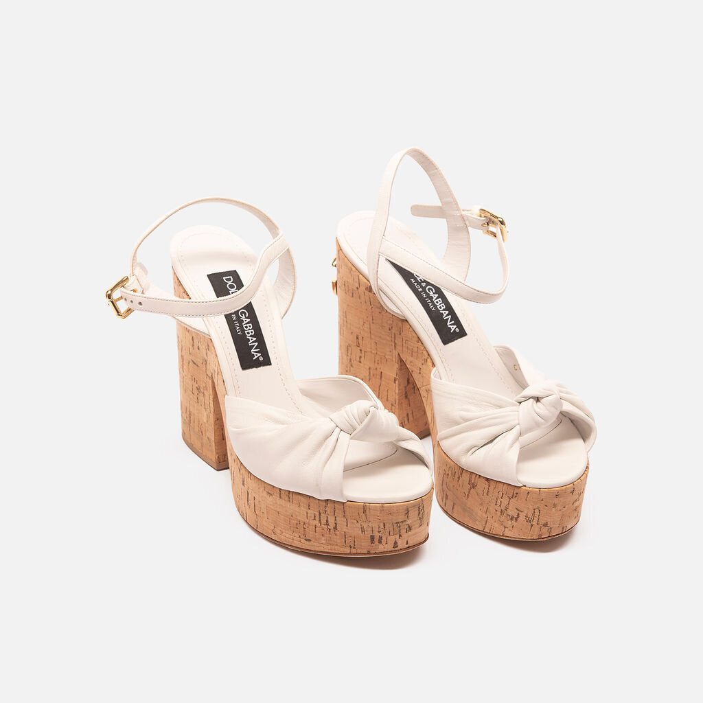 Dolce & Gabbana White Leather Cork Platform Sandals
