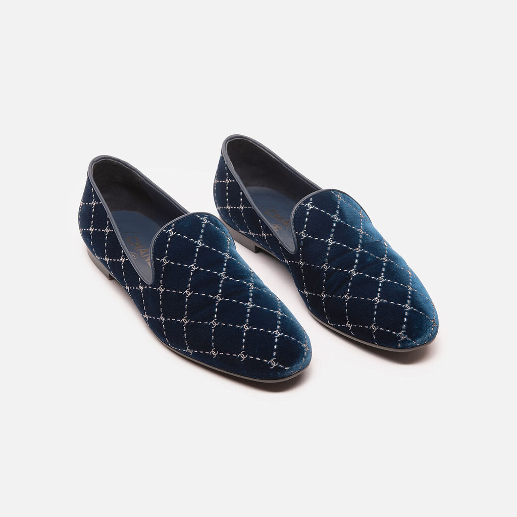 Chanel Blue Velvet Threaded Loafers