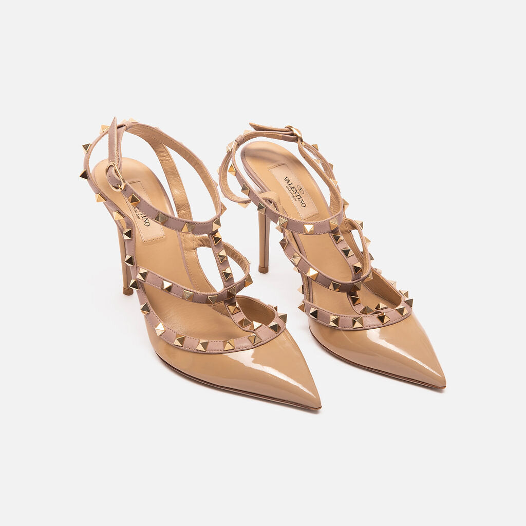 Valentino Nude Leather Rockstud T-Strap Heels