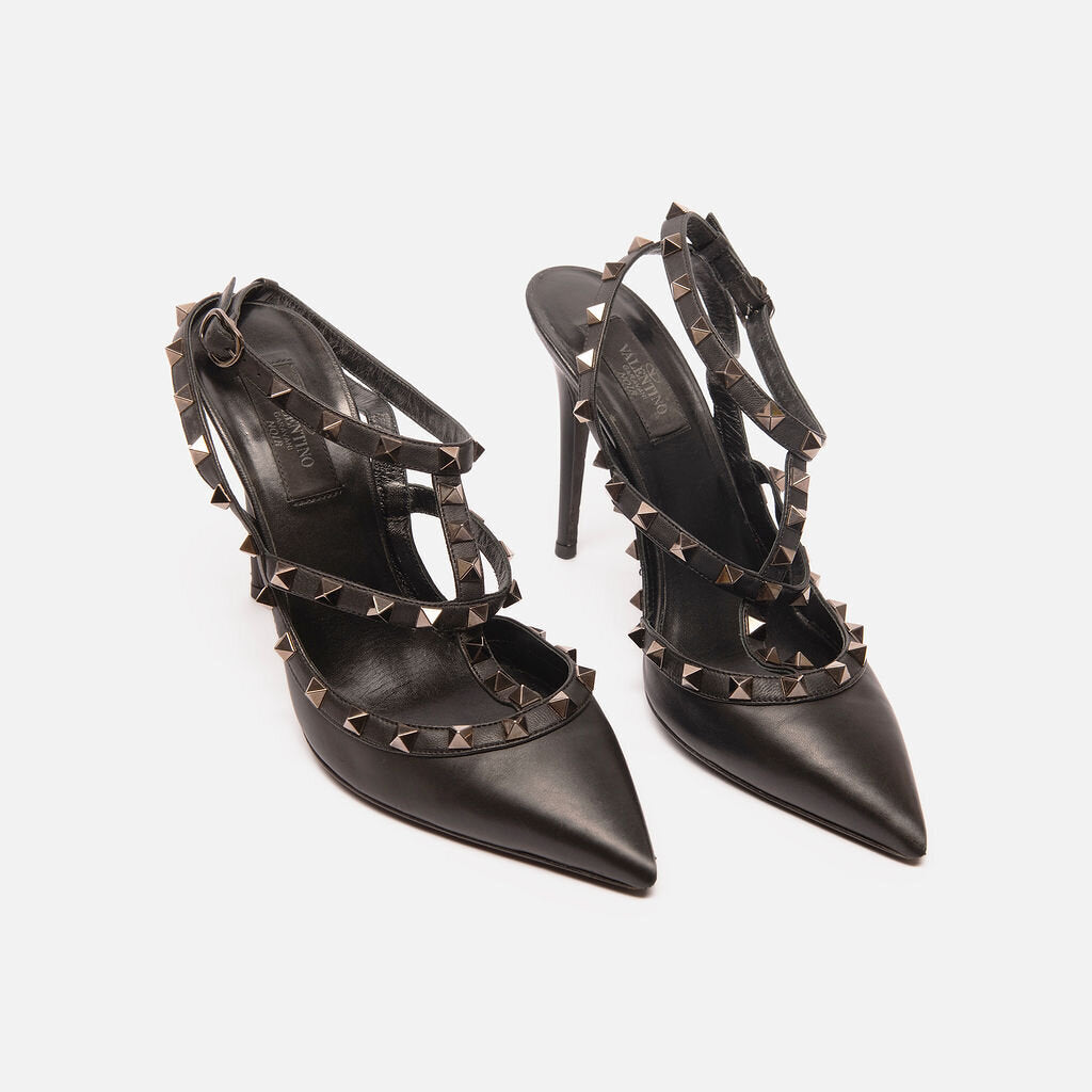 Valentino Black Leather Rockstud T-Strap Heels