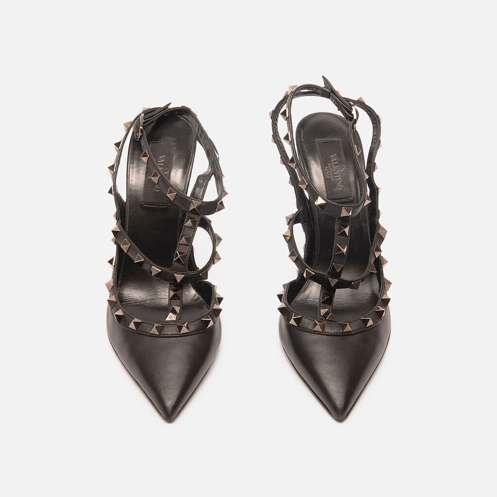 Valentino Black Leather Rockstud T-Strap Heels