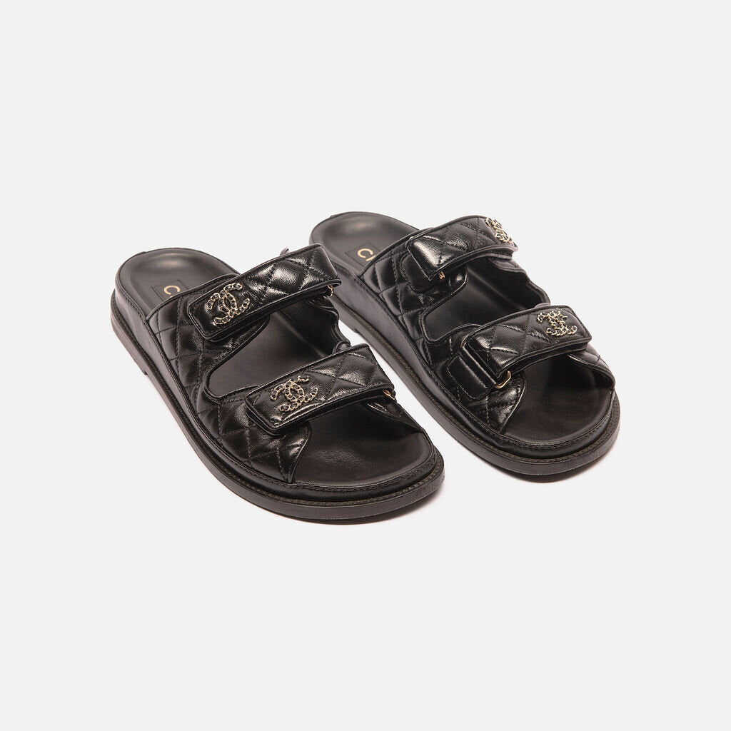 Chanel Black Quilted Leather Dad Slides