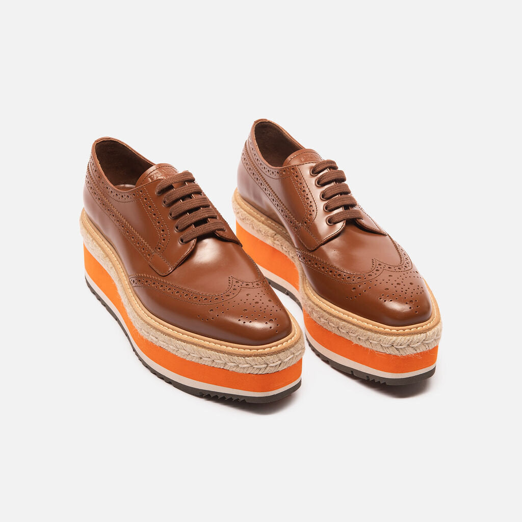 Prada Brown Leather Orange Platform Oxfords