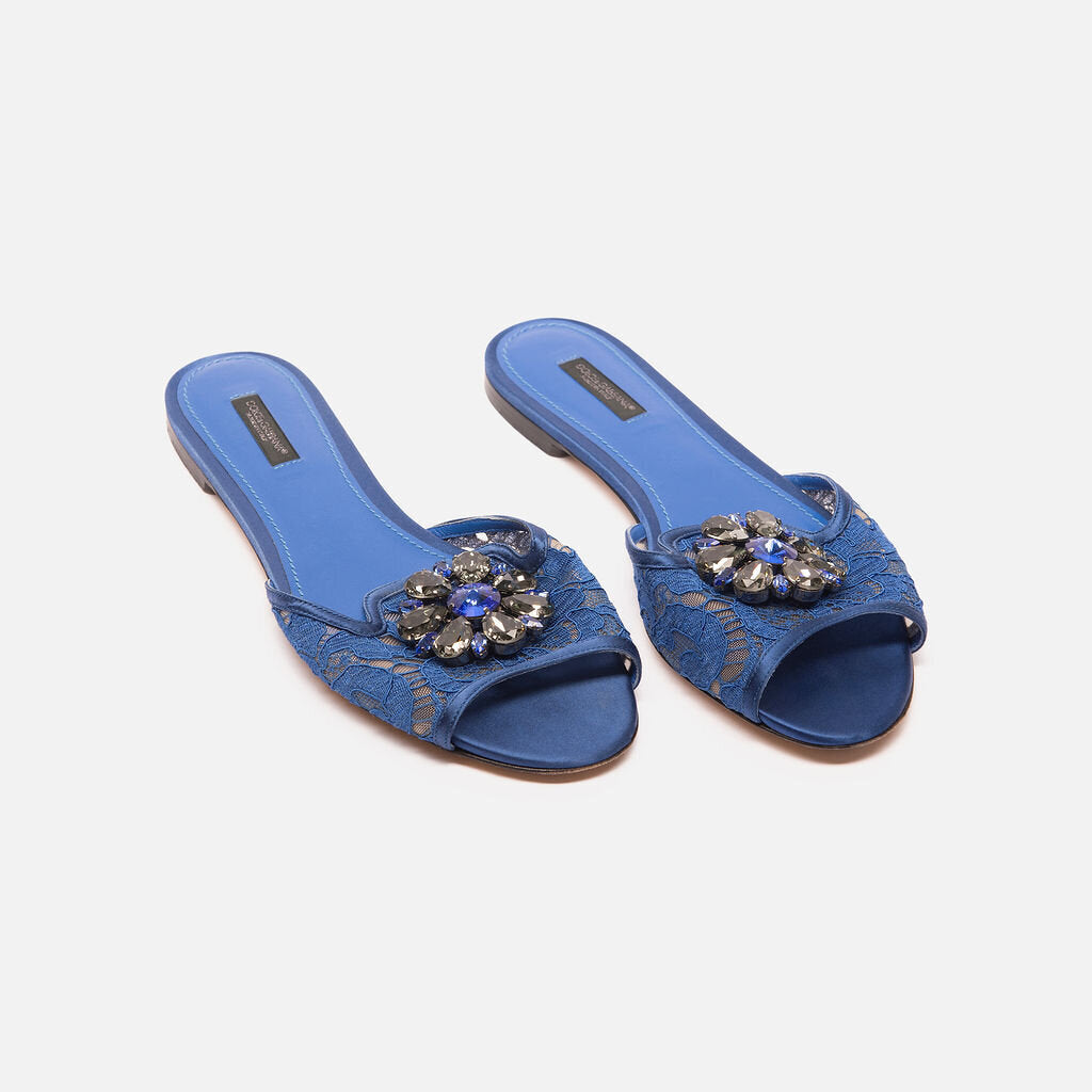 Dolce & Gabbana Blue Lace Embellished Slides