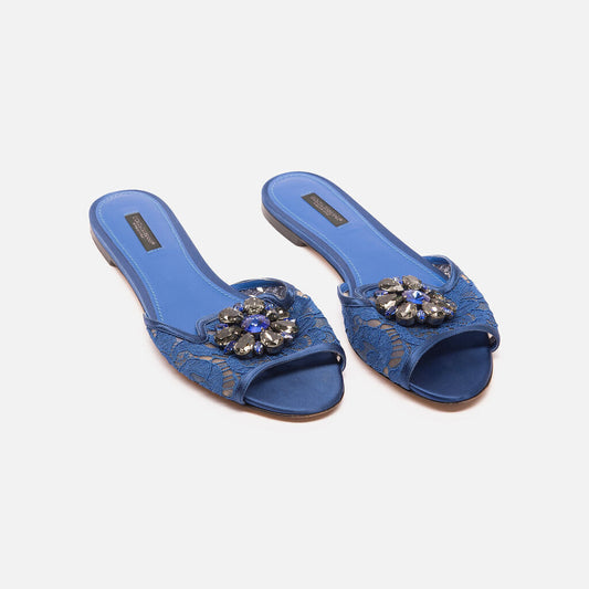 Dolce & Gabbana Blue Lace Embellished Slides