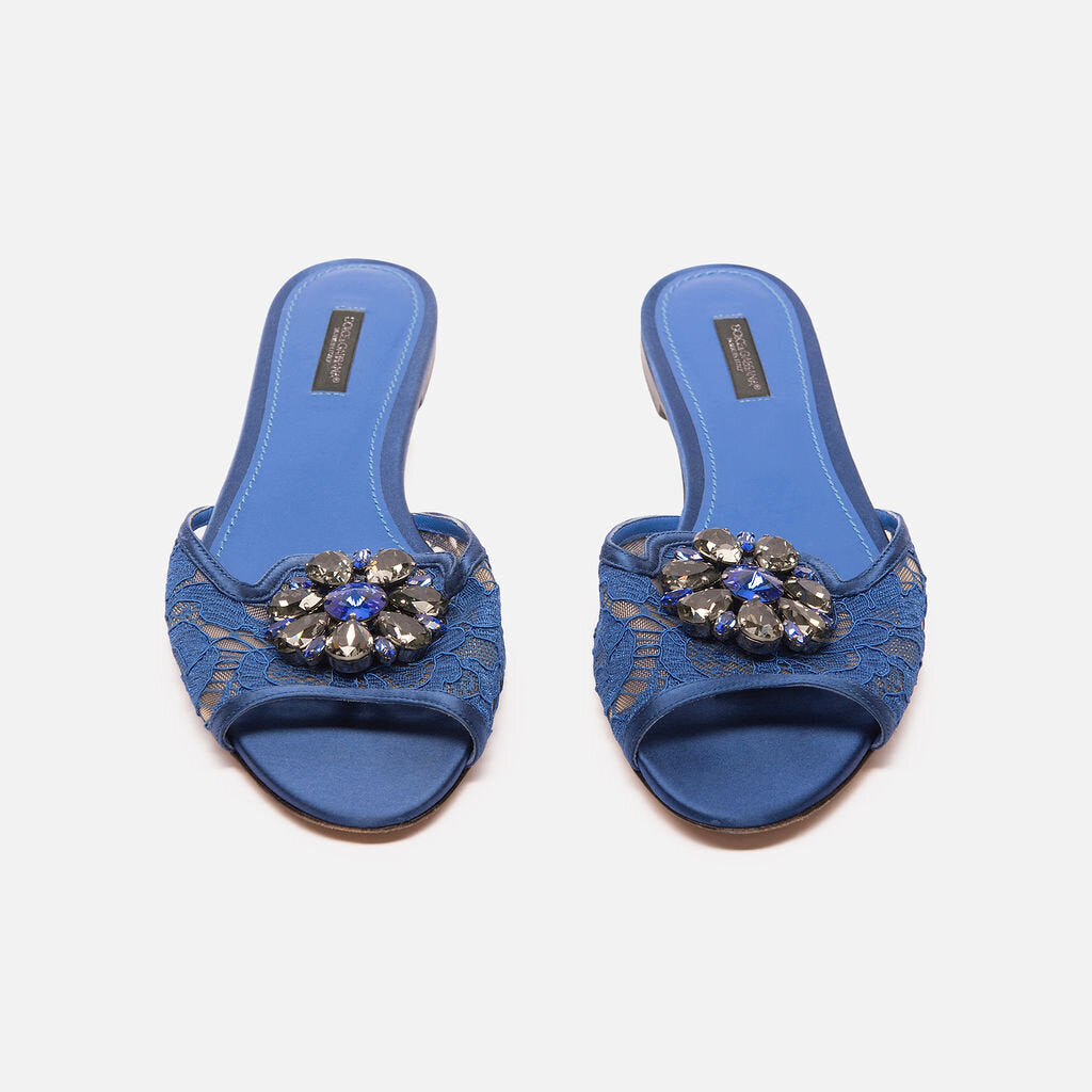 Dolce & Gabbana Blue Lace Embellished Slides
