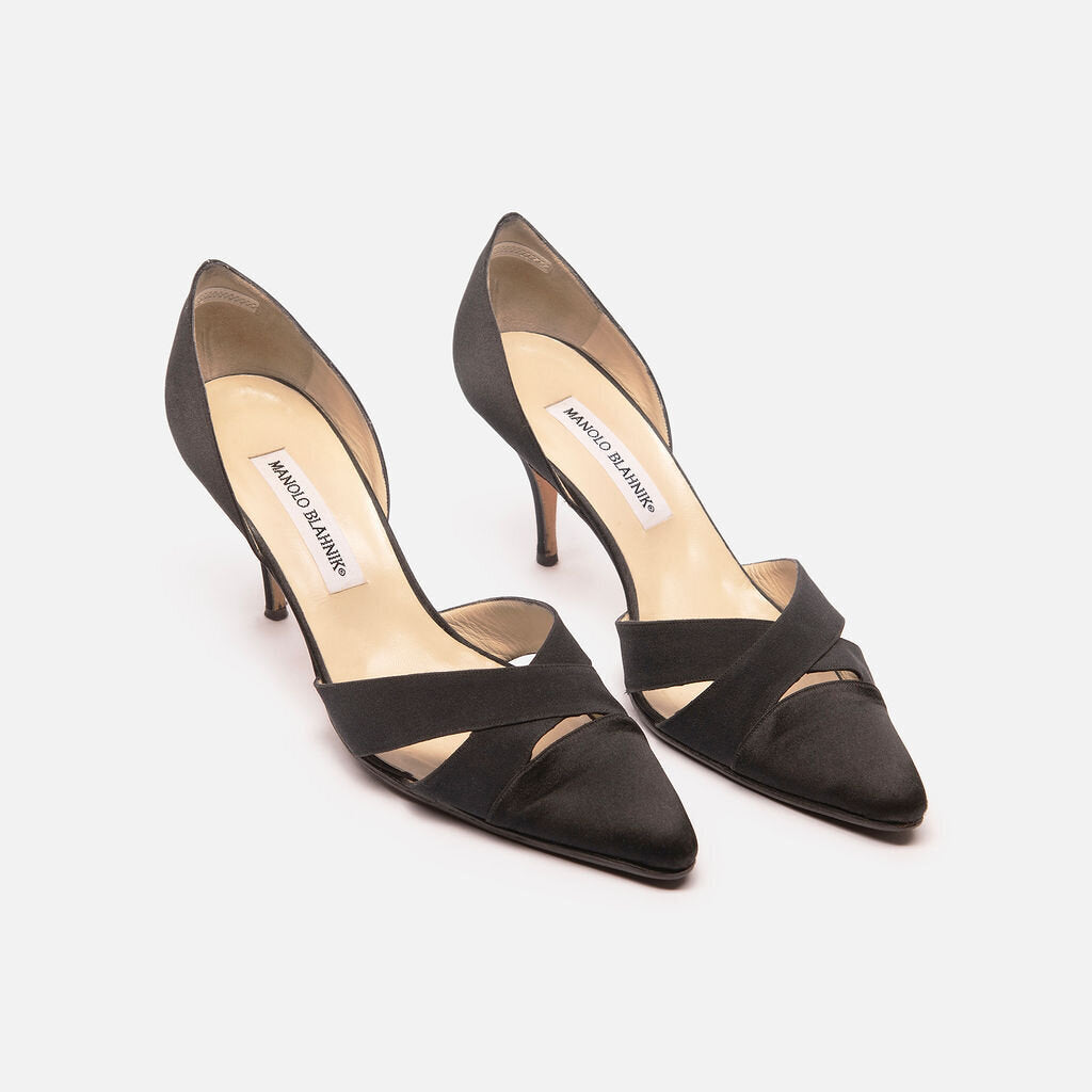Manolo Blahnik Black Satin Pointed Pump