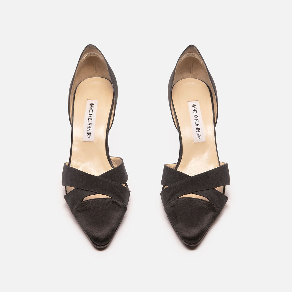 Manolo Blahnik Black Satin Pointed Pump