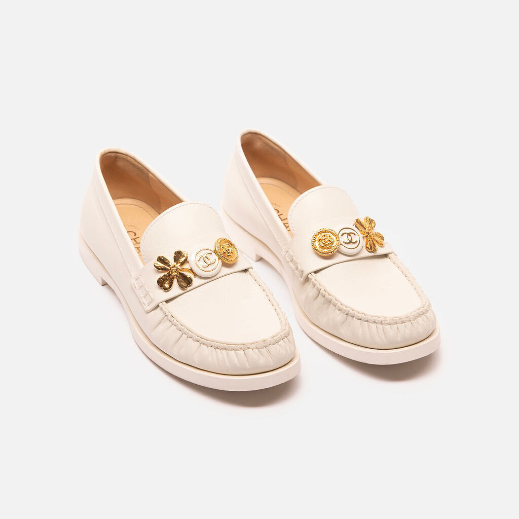 Chanel White Loafers w/Decorative Strap