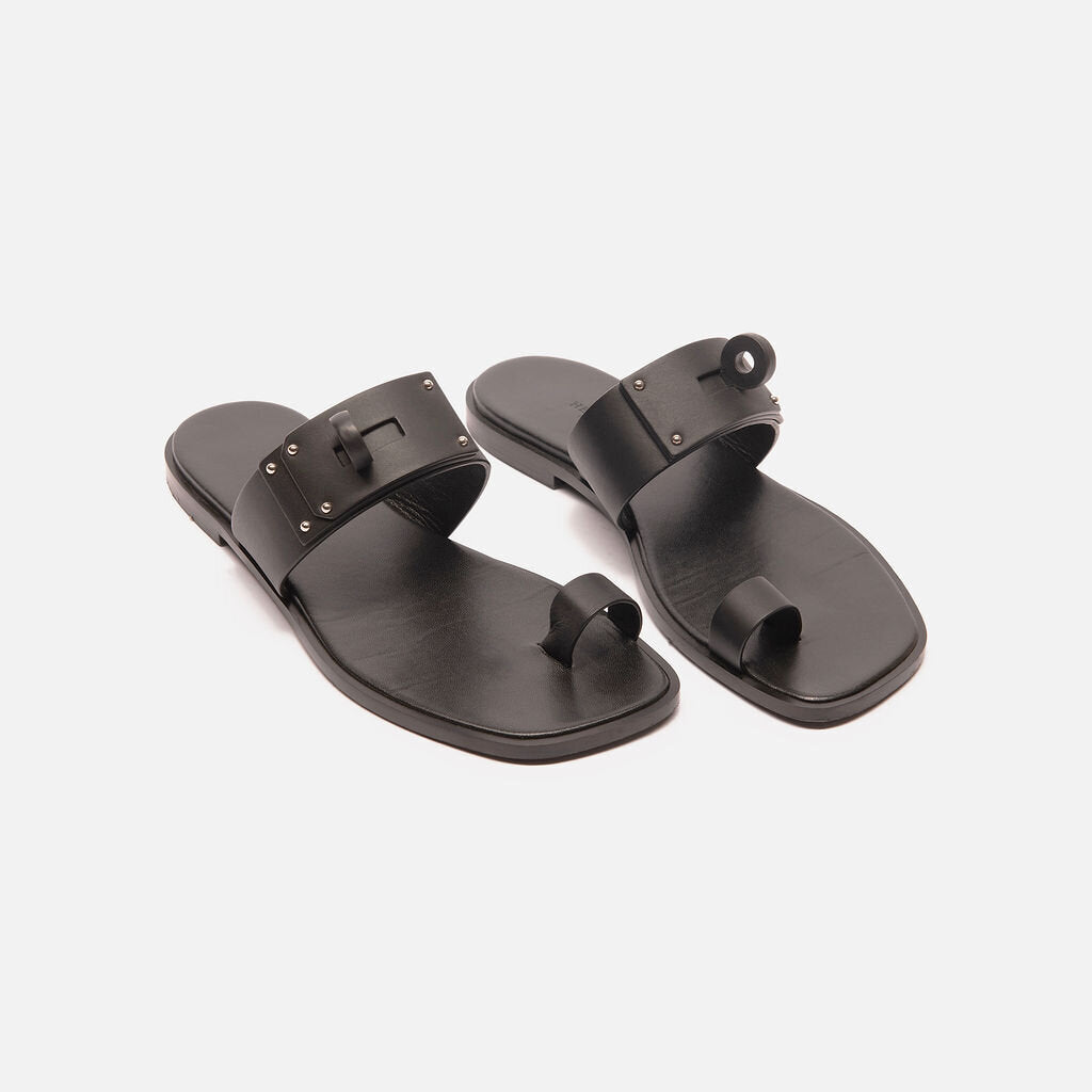 Hermes All Black Leather Turnlock Sandal